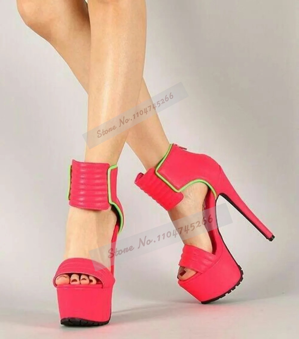 Wide Fit Heels - Rose Red Matte หนังลายรองเท้าส้นสูงแพลตฟอร์มวงกว้างซิปรองเท้าเปิดนิ้วเท้า Gladiator จัดเลี้ยงปั๊ม