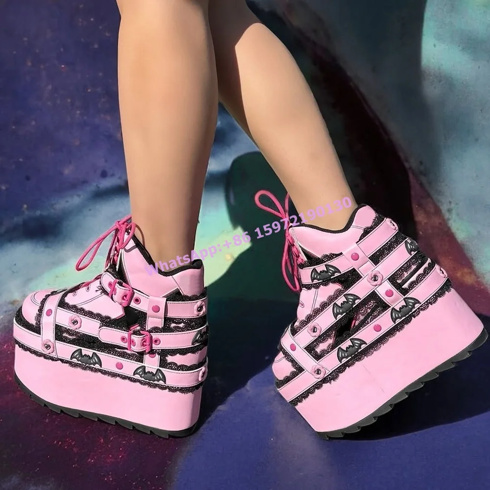 Women Shoes Size Chart - ลูกไม้สีดําสีชมพูเข็มขัดค้างคาวรองเท้ารอบ Toe หนา Soled แพลตฟอร์ม Lace