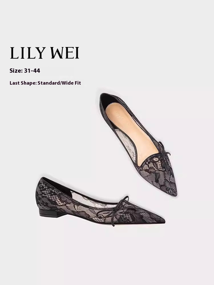 Wide Fit Heels - รองเท้าส้นสูงกริชแบนฤดูใบไม้ผลิและฤดูร้อนใหม่ชี้นิ้วเท้าตื้นลูกไม้ตาข่ายจัดเลี้ยงขนาดใหญ่ขนาดเล็กรุ่นกว้างผู้หญิงรองเท้าแตะ