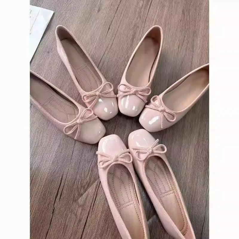 Women'S Shoes Non Slip - รองเท้าบัลเล่ต์ผู้หญิง หัวเหลี่ยม ประดับโบว์ แบบสวม หนังเงา ดีไซน์เรียบหรู