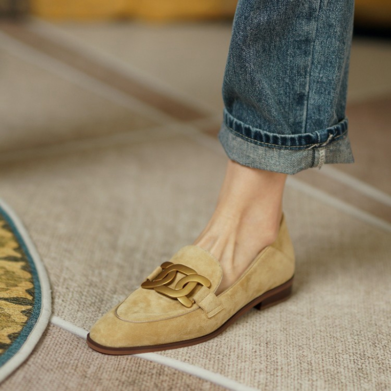 Women'S Shoes Non Slip - หนังนิ่มหนังผู้หญิง Loafers ฤดูใบไม้ผลิ/ฤดูใบไม้ร่วงรองเท้าส้นสูงผู้หญิงรองเท้ารอบ Toe Chunky ส้นปั๊มโลหะหัวเข็มขัดรองเท้าสำหรับสตรี