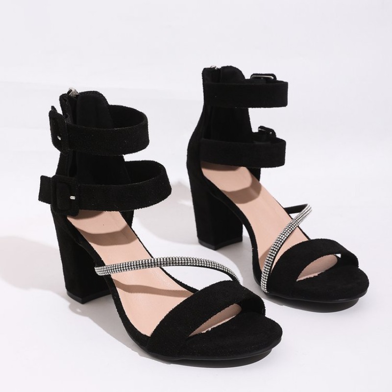 Wide Fit Heels - รองเท้าผู้หญิงแบบสวมเปิดนิ้วเท้า ส้นหนา สายรัดแบบหัวเข็มขัด วัสดุหนังกลับ สำหรับฤดูร้อน ดีไซน์เรียบง่าย