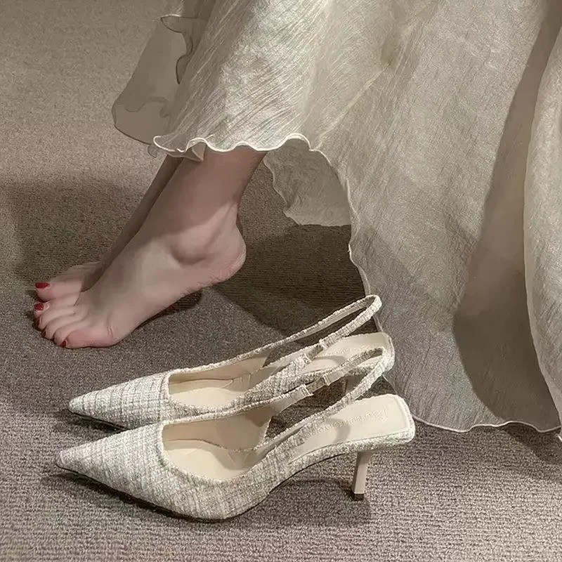 Women Shoes Brand - แบรนด์แฟชั่นออกแบบรองเท้าส้นตึกแบบถักสำหรับผู้หญิง รองเท้าปาร์ตี้หัวแหลม รองเท้าส้นเข็มไซส์ใหญ่ใส่สบายสำหรับฤดูร้อน