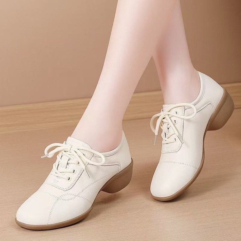 Women'S Shoes Non Slip - รองเท้าผ้าใบเต้นรำส้นเตี้ยสำหรับผู้หญิง แบบผูกเชือก หนังเทียมนุ่ม หัวกลม กันลื่น สำหรับเต้นบอลรูม