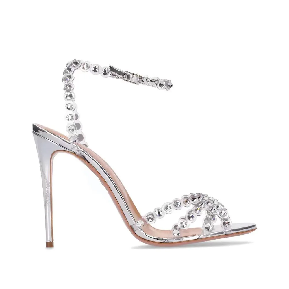 Peep Toe Heels - รองเท้าส้นสูงแบบเจลลี่ประดับเพชร สไตล์ไฮโซ ไซส์พลัส สีเงิน เพิ่มความสูง ดีไซน์หัวเปิดประดับคริสตัล