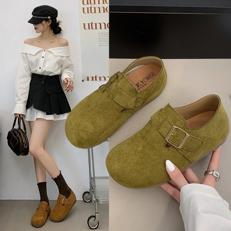 Women Shoes Casual - รองเท้าบิร์เคนสำหรับผู้หญิง หนังกลับ ปิดส้น หัวเหลี่ยม หัวกลม หัวเข็มขัดโลหะ