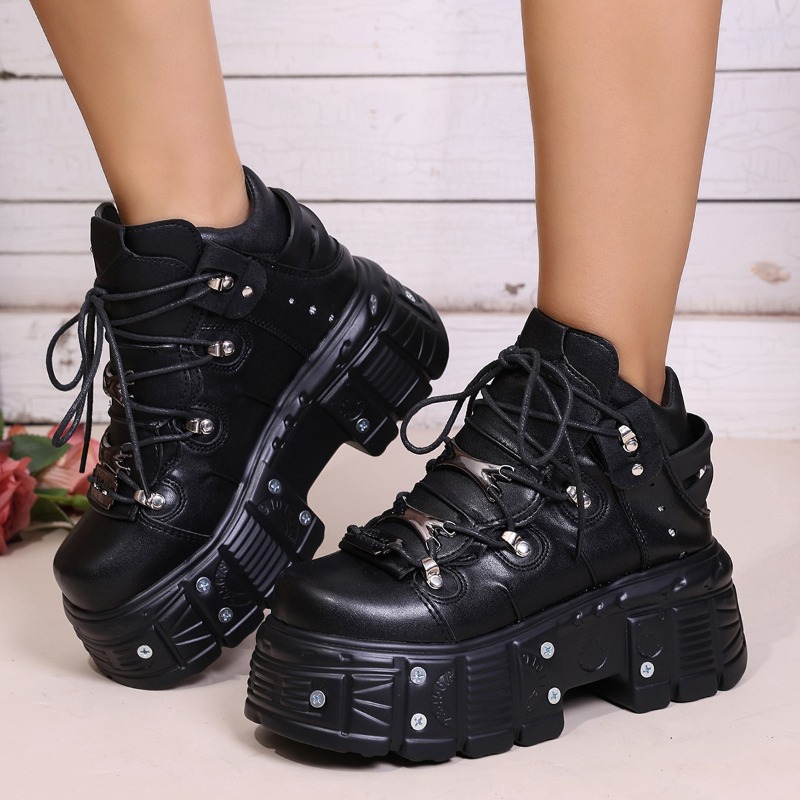 Women'S Shoes Com - รองเท้าผู้หญิงสไตล์พังก์แบบผูกเชือก ส้นสูง 6 ซม. รองเท้าพื้นหนาแบบโกธิค รองเท้าบูทหุ้มข้อแบบร็อค