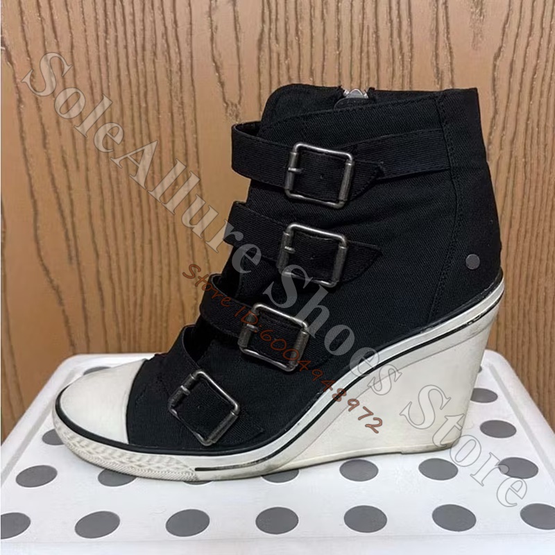 Women'S Shoes Com - รองเท้าผ้าใบหุ้มข้อสีเทาแบบมีหัวเข็มขัดหลายจุด ส้นลิ่มซ่อนในตัว สไตล์วินเทจ เหมาะสำหรับใส่เดินเล่นในชีวิตประจำวัน