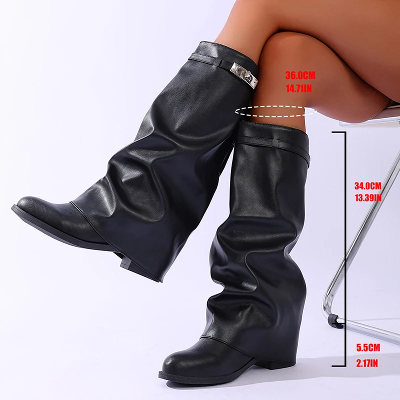 รองเท้าบูทหนัง PU สีดำทรงสูงถึ - Wide Fit Heels บทวิจารณ์และราคา